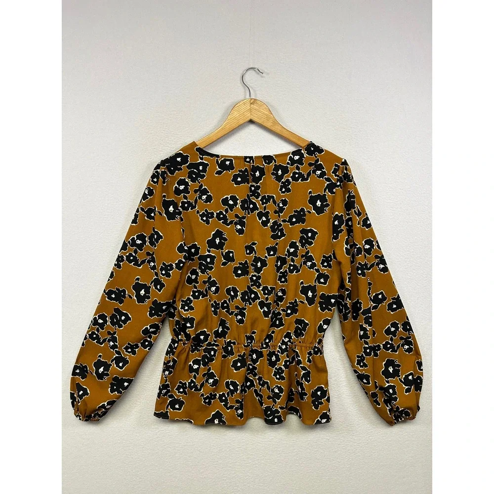 Nine West Floral Peplum Mustard Yellow Womens Medium Long Sleeve V-Neck Blouse